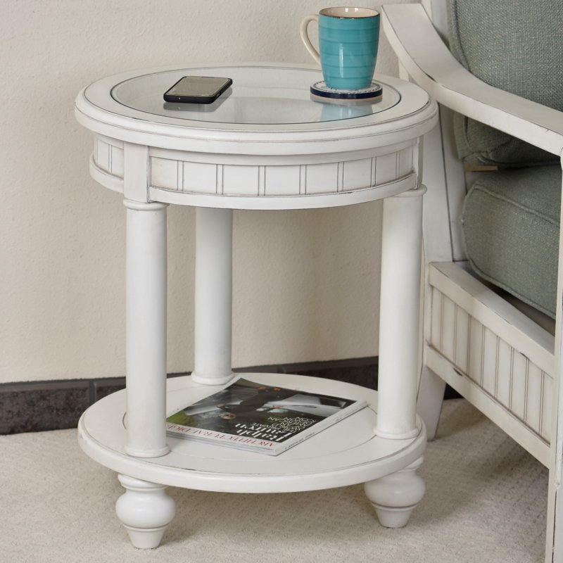 Highland Dunes Kolya White Coastal End Table with Glass Top | Wayfair
